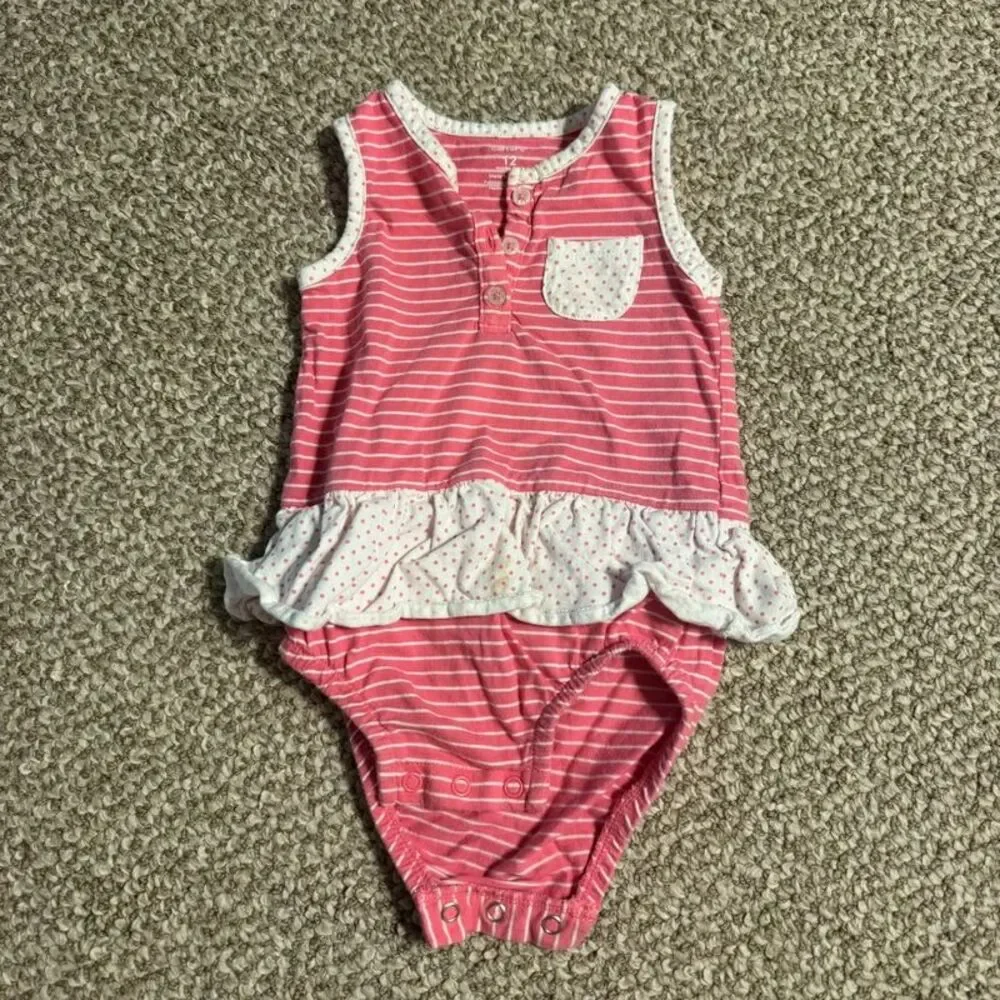 Carter's Baby Girl Pink Stripe Polka Dot Ruffle Bodysuit Dress 12 Months